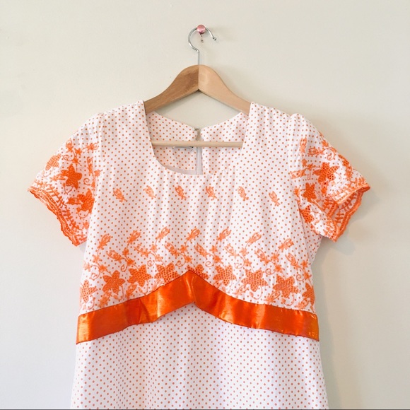 Vintage 70s Dress White Orange Polka Dot Retro A-Line Small - Picture 2 of 6